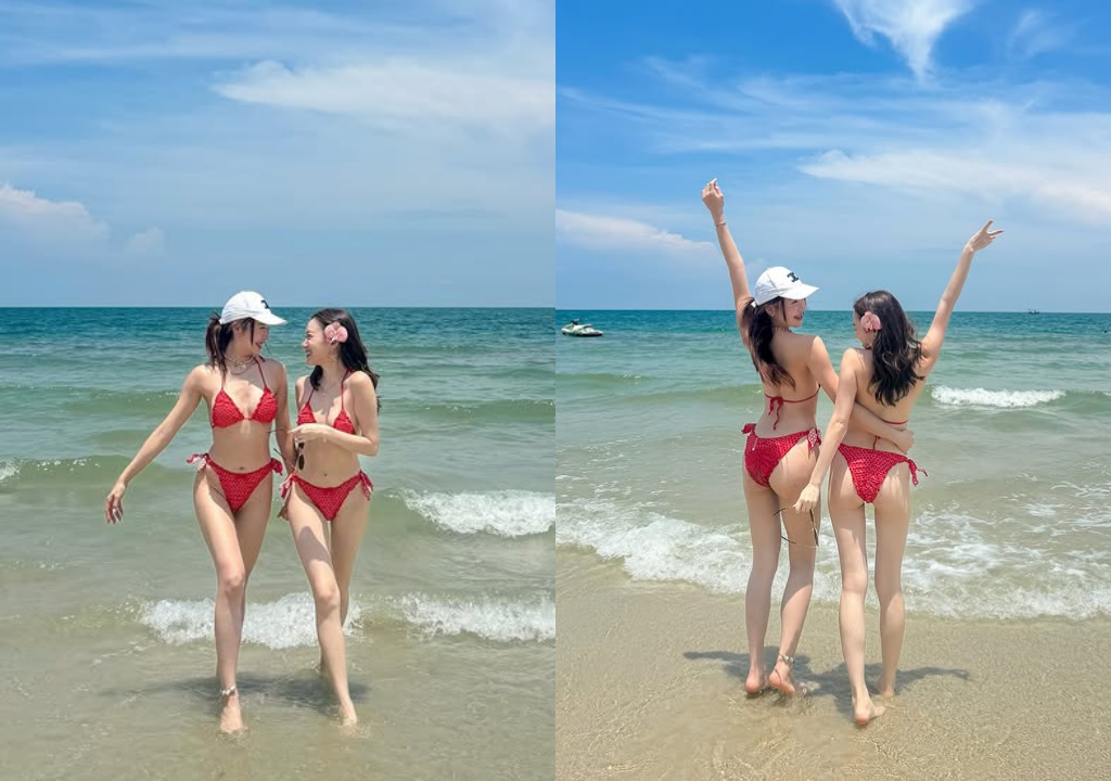 แซ่บสะท้านหาด! "มายด์ ณภศศิ-น้องสาว" นุ่งบิกินี่สีแดงตัวจิ๋วผิวขาวจั๊วะ